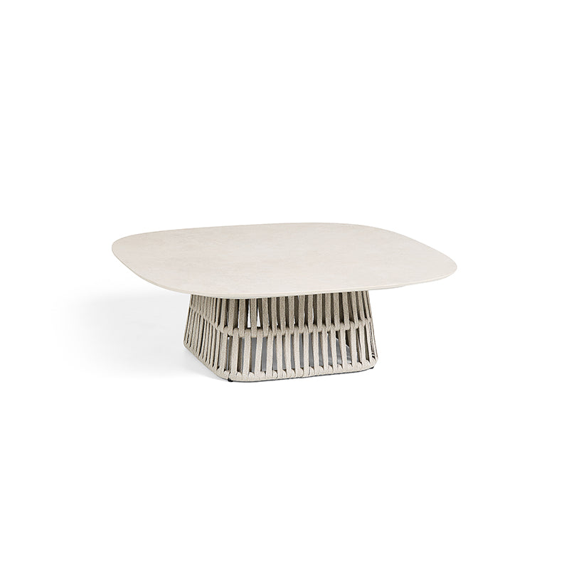 Modern white oval coffee table with slatted metal base.