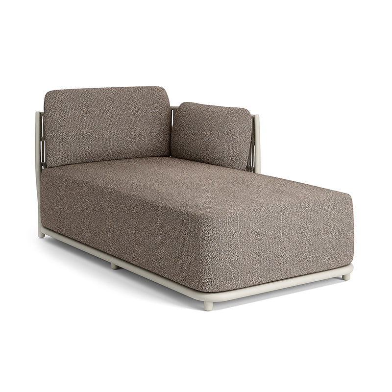 A modern gray upholstered chaise lounge with an aluminum frame, providing comfortable seating.