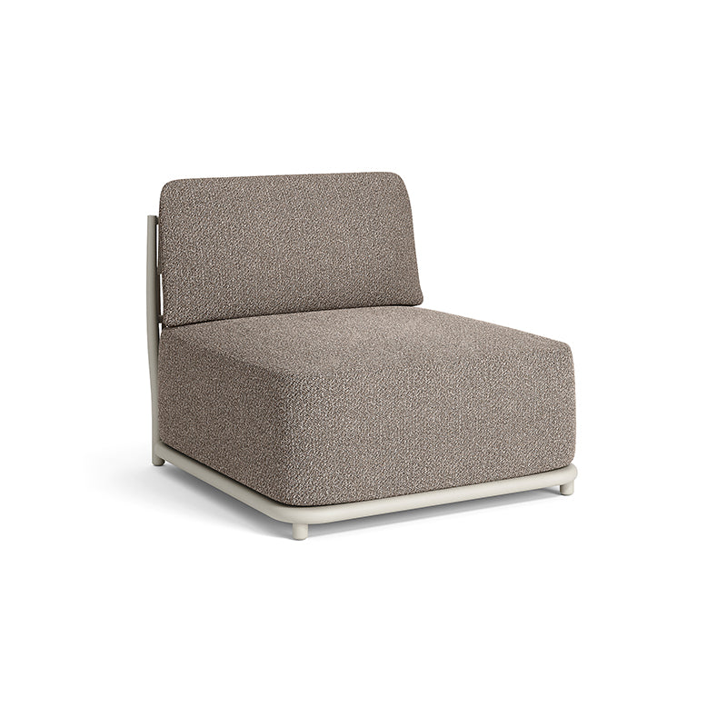 A minimalist, modern armchair with a gray upholstered seat and back, and a simple metal frame. The design is clean and contemporary.