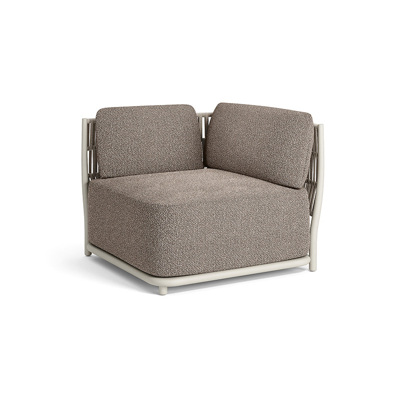 A modern, modular outdoor chair with a gray upholstered seat and back, and a minimalist metal frame. The design is simple yet stylish, suitable for outdoor living spaces.